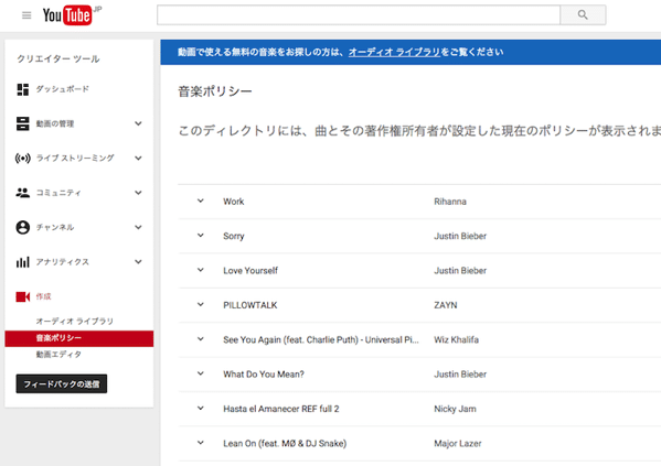 YouTubeの音楽ポリシー